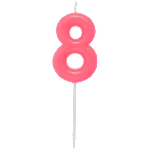 Numero candela 8, circa 4 x 5,5 cm, con bastoncino, rosa neon