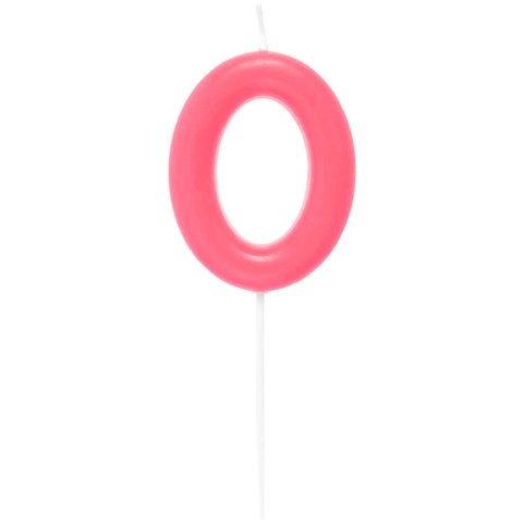 Zahlenkerze 0, ca. 4 x 5,5 cm, mit Steckstab, neon pink