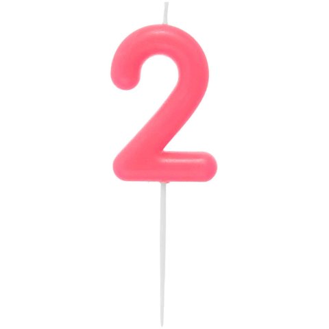 Numero candela 2, circa 4 x 5,5 cm, con bastoncino, rosa neon