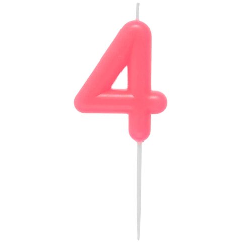 Numero candela 4, circa 4 x 5,5 cm, con bastoncino, rosa neon