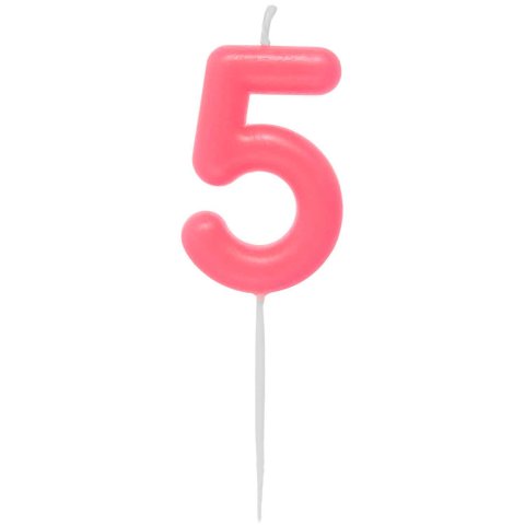 Numero candela 5, circa 4 x 5,5 cm, con bastoncino, rosa neon