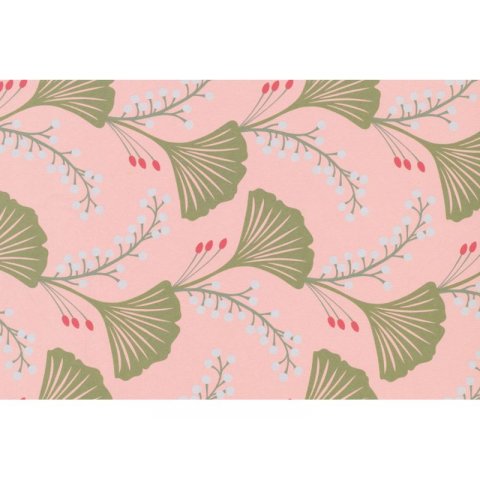 Hanna Werning gift wrapping paper 500x700,gingko leaves/flower clusters/buds on pink