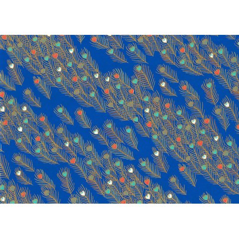 Papel japonés Chiyogami 70 g/m², 630 x 490 (SB), plumas de pavo real sobre azul