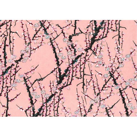 Papel japonés Chiyogami 70 g/m², 630 x 490 (SB), ramitas sobre rosa