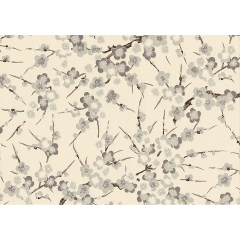 Carta giapponese Chiyogami 70 g/m², 630 x 490 (grana corta), rami di fiori grigio avorio