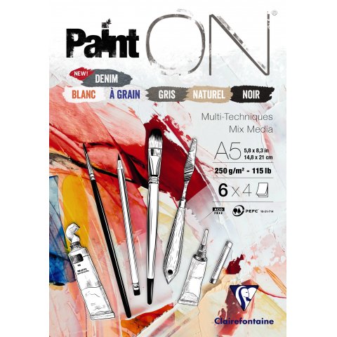 Clairefontaine Mixed Media Block Paint'ON Couleurs 250 g/m², 148 x 210, DIN A5, mix/6 colors, 24 sheets.