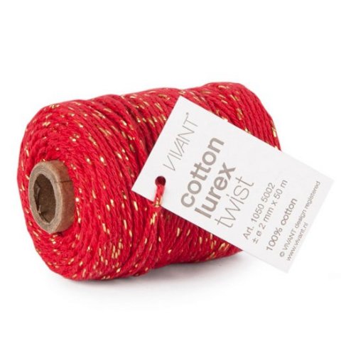 Algodón Lurex Twist Cordón de algodón con hilo metálico ø aprox. 2 mm, l = 50 m, dorado/rojo