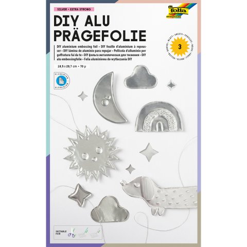 Foglio di alluminio per goffratura, extra forte 3 fogli, 18,5 x 29,7 cm, 70 µm, argento