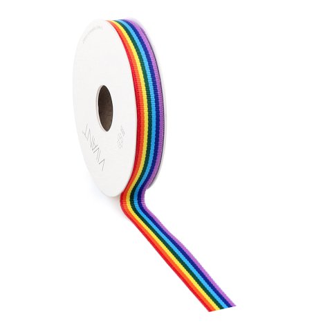 Cinta de regalo arco iris ancho = 15 mm, largo = 15 m, 100% poliéster, a rayas