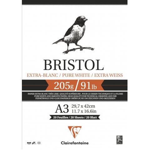 Clairefontaine Bristol Zeichenblock weiß, 205 g/m² 297 x 420 mm, DIN A3 hoch, 20 Blatt