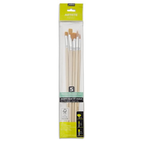 Pebeo acrylic/oil synthetic hair brush set, long handle 2 rd. (4,8), 2 fl. (6,12)+1 fl.(4), polyamide