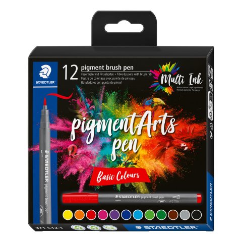 Staedtler Pigment Arts brush pen, set 12 pens, brush tip, basic colors
