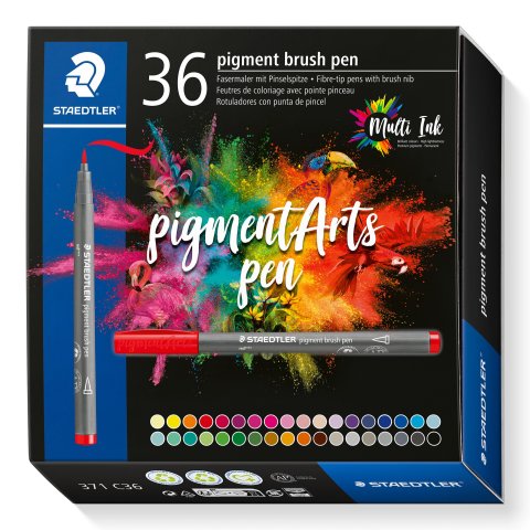 Staedtler Pigment Arts brush pen, set 36 pens, 371 C36, assorted colors