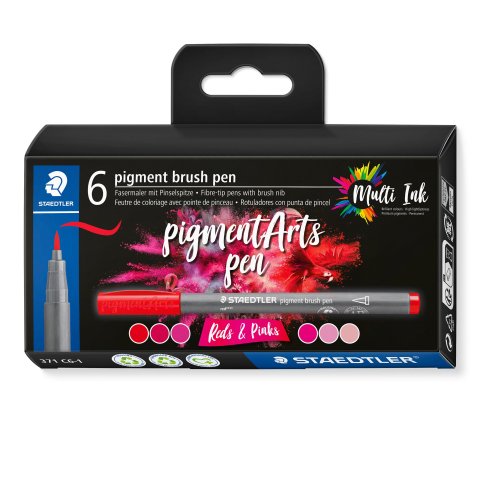 Staedtler Pigment Arts brush pen, set 6 pens, reds & pinks