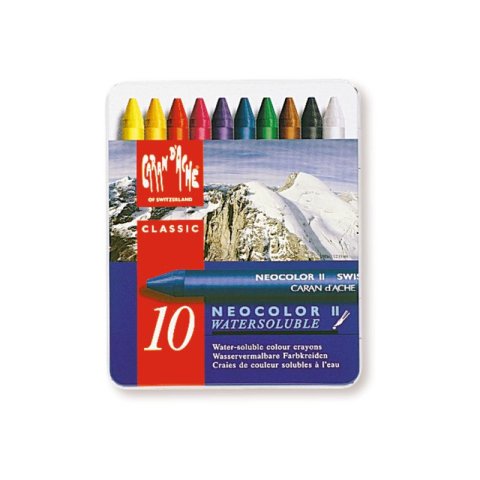Caran d'Ache Wachspastellkreide Neocolor ll, Set wasservermalbar, 10 Kreiden in Metallschachtel