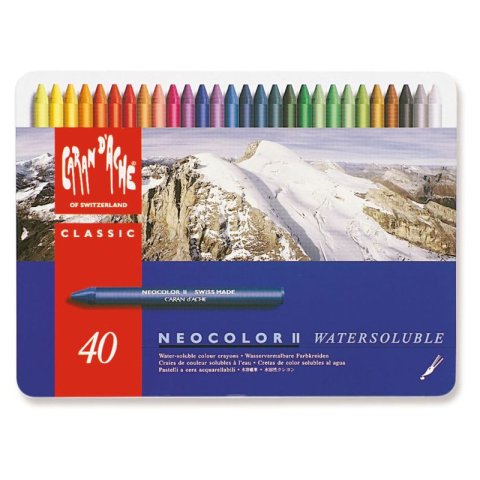 Caran d'Ache Wachspastellkreide Neocolor ll, Set wasservermalbar, 40 Kreiden in Metallschachtel