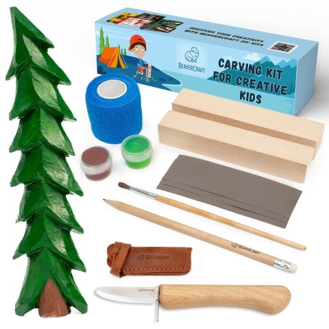 Beavercraft set da intaglio Bambini Coltello da intaglio, 2 pezzi di legno, colori, accessori