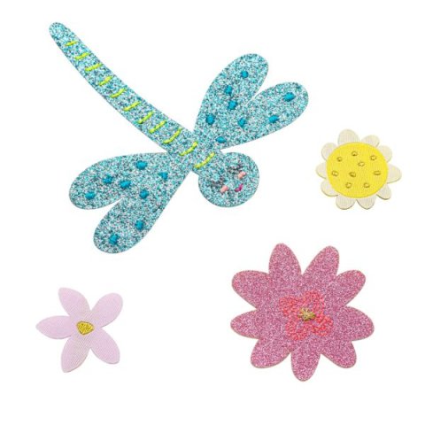Fabric stickers to iron on 100% polyester, dragonfly + flowers
