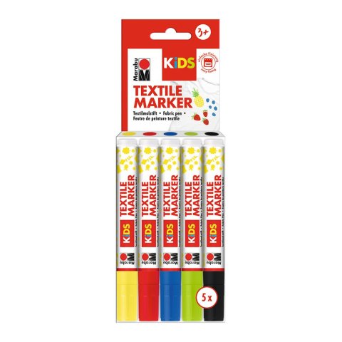 Marabu Textil Stoffmalstift, Set Kinder 5 Stifte, Spitze 3 mm, basic