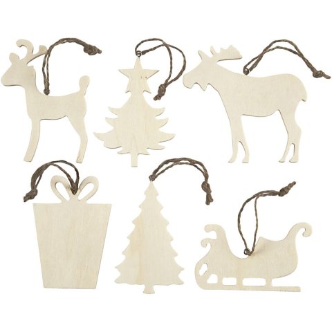 Wooden tree ornaments for painting with cord pendant, flat, piece, various motifs
