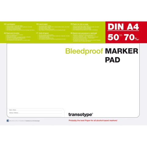Bleedproof Marker Pad, 70 g/m² 297 x 210  DIN A4, 50 Blatt/100 Seiten
