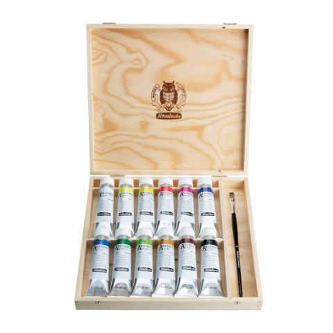 Schmincke Acrylfarbe Akademie, Set 12 Metalltuben à 60 ml, im Holzkasten (76014)