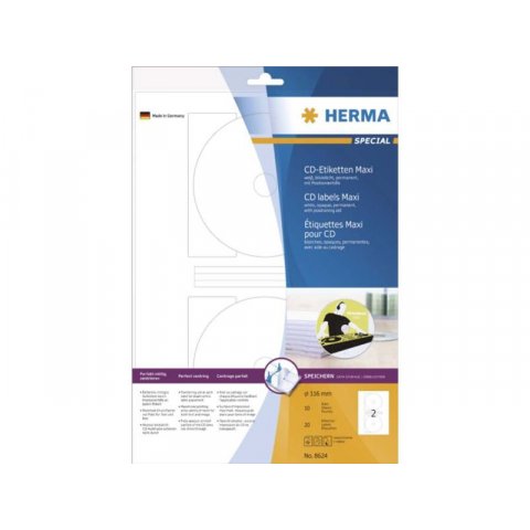 Etiquetas Herma Superprint (paquetes pequeños) ø 116 CD, 10 hojas, 20 unidades (8624)