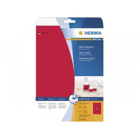 Papel Herma Superprint, autoadhesivo 210 x 297 DIN A4, rojo neón, 20 hojas (5048)