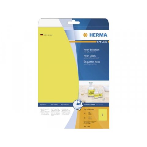 Herma Superprint paper, self-adhesive 210 x 297  A4, flourescent yellow, 20 sht. (5148)