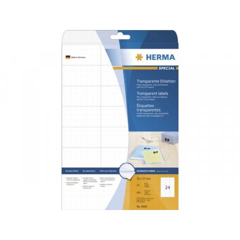 Etiquetas para direcciones Herma, transparentes 37 x 70 mm, for C6/DIN long, 25 sht./24 u. (4685)