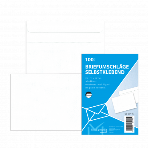 Standard envelope, press sealed C6, without window, white, 100 pieces