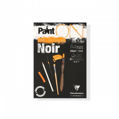 Clairefontaine Paint'ON Noir Mixed Media pad 250 g/m², 210 x 297, DIN A4, black, smooth, 20 she