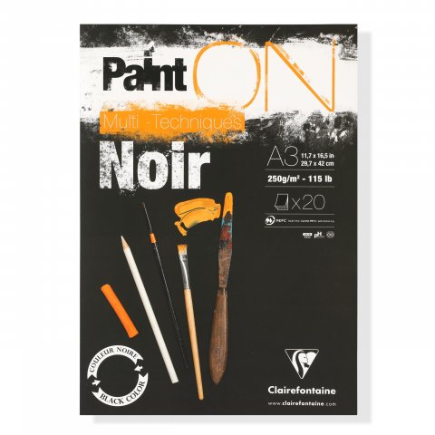 Clairefontaine Mixed Media Block Paint'ON Noir 250 g/m², 297 x 420, DIN A3, nero, liscio, 20 fogli