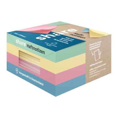 Share Haftnotizblock Recycling 75 x 75 mm, 4 x 100 Blatt, gelb, grün, rosa, blau