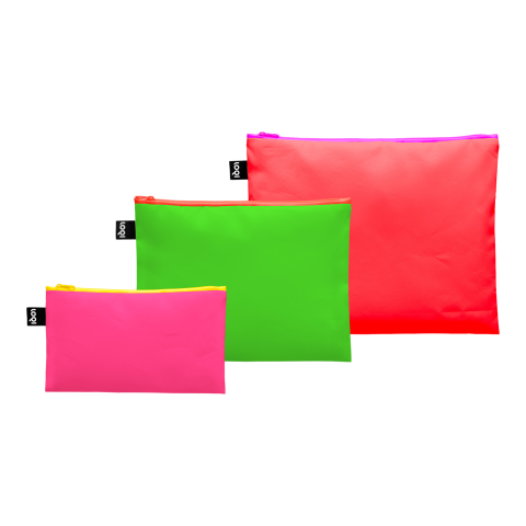 Loqi zipper bag Zip Pockets neon Set, 3 sizes, pink/green/red