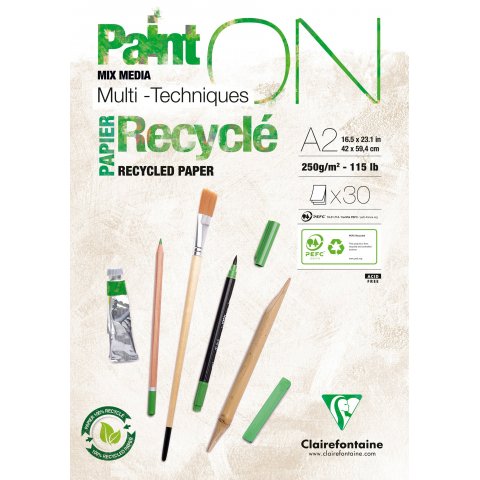 Clairefontaine Mixed Media Block Paint'ON Recyclé 250 g/m², 420 x 594, DIN A2, white, smooth, 30 sheets