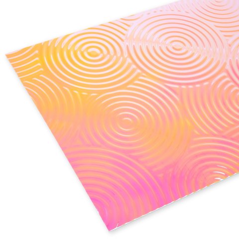 Espejo de poliestireno, de color, con ondulaciones radiales rosa/amarillo iridiscente, 2,4 x 320 x 1000 mm, s = 2 mm