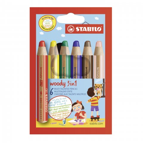 Stabilo woody 3 in 1, set 6 pens, yellow, red, blue, purple, green, brown