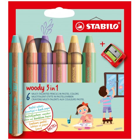 Stabilo woody 3 in 1, set 6 matite, colori pastello, con temperino