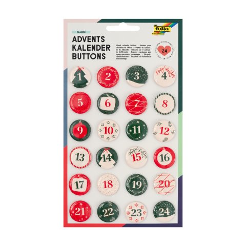 Adventskalender Buttons 24 Stück, Ø 25 mm, 1-24, rot/grün