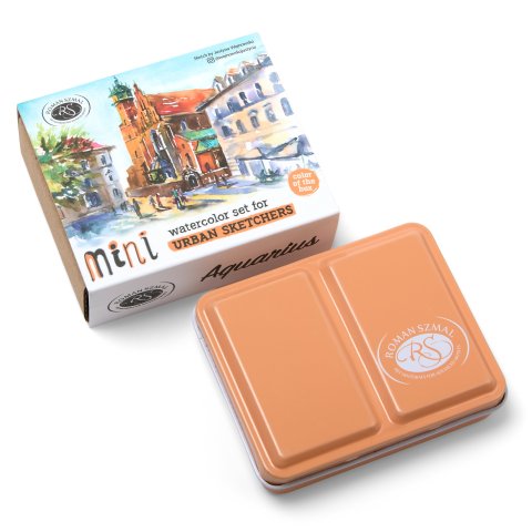 Roman Szmal Aquarellfarbe Mini Urban Sketchers Set 8 x 1/2 Napf, 4 Leerfächer, Metallkasten apricot