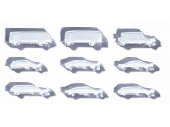 Automobili in vetro acrilico, taglio laser, 1:200