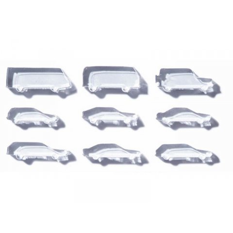 Polystyrene vehicles, laser-cut, 1:200, car various autos, 9 pieces, colourless
