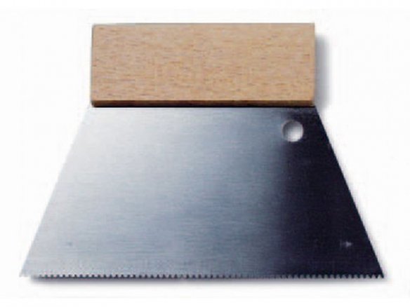 Espátula dentada de acero, mango de madera