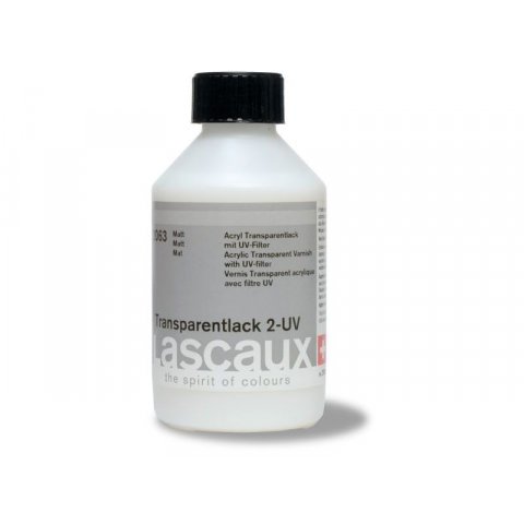 Barniz acrílico transparente UV Lascaux plastic bottle 250 ml, UV 2 matt