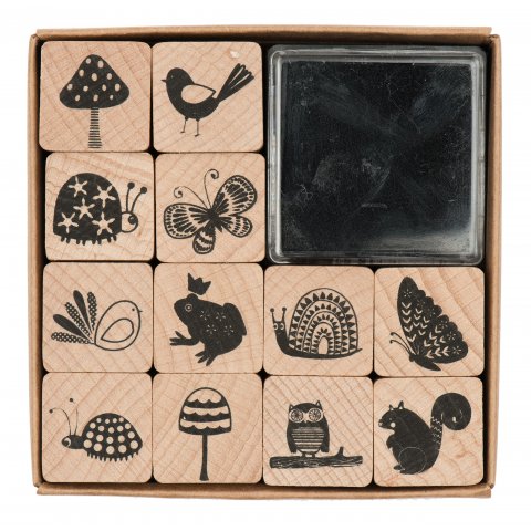 paper poetry wood stamp set, flat Set of 12 stamps, incl. Ink-pad, in the forest