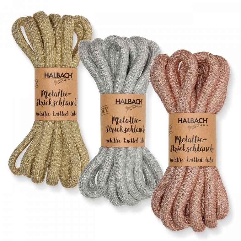 Decoration tube knitted from metallic yarn, filled