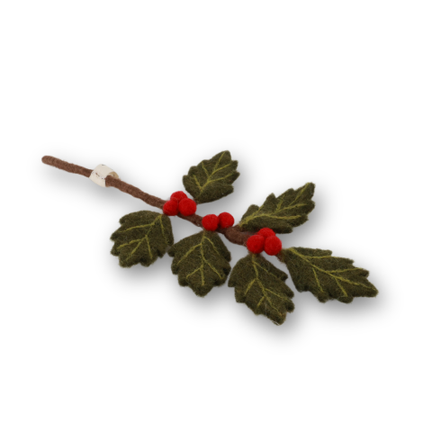 Gry &amp; Sif, flores y ramas de fieltro Acebo, l = 20 cm, hecho a mano, verde/rojo