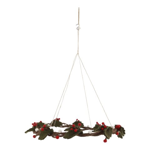 Gry & Sif, Filzblumen und -zweige hängender Kranz Stechpalme, ø 45 cm, grün/rot