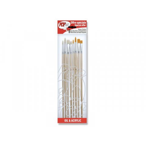 Pebeo Pop Art brush set, long handle 4 brstl. & 4 plyamde brushes (rd.:6,10 + fl.:6,10,